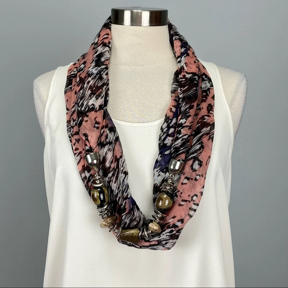 Infinity Scarf Pink Black Leopard Print Chiffon with Beads